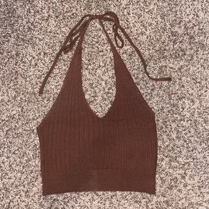 Brown ribbed sweater halter neck crop top